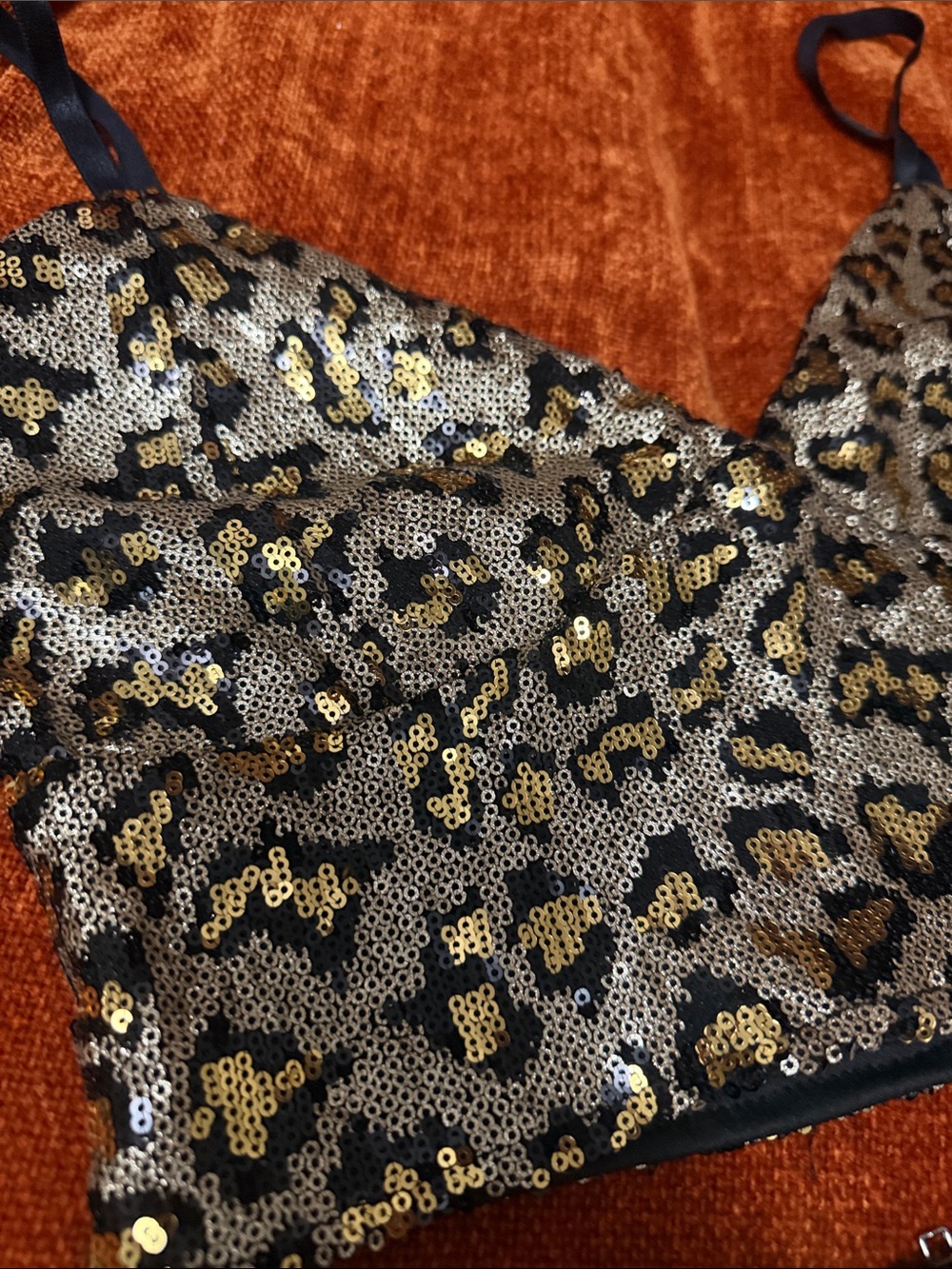 Revamped | Gold & Black Sequin Leopard Crop Top and Skirt Set | L - Picture 4 of 11